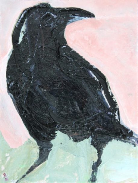 Crow-pink-and-green-2016-oil-on-board-20-x-15cm-Medium-600x796